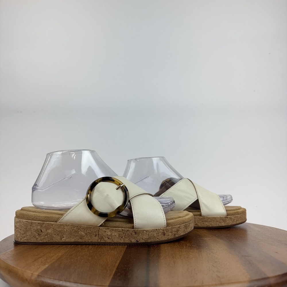 Womens Hush Puppies June White Leather Cork Platform Slides Sandals Size 9 M GUC